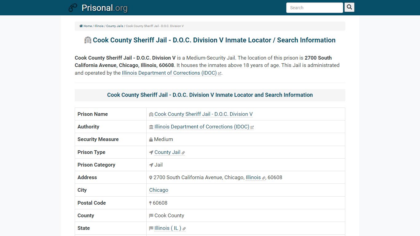 Cook County Sheriff Jail - D.O.C. Division V Inmate Locator / Search ...